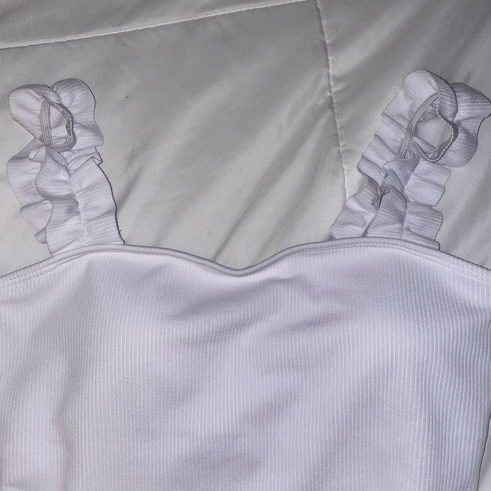 Beautiful White Ribbed One Piece Bathing Suit with Ruffled Shoulder Straps, Sm - Picture 2 of 7
